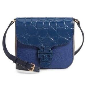 Like NEW Tory Burch McGraw Croc Leather Crossbody Bag Dark Blue Royal Blue Navy